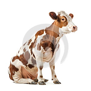 Brown and white calf awkwardly sitting down