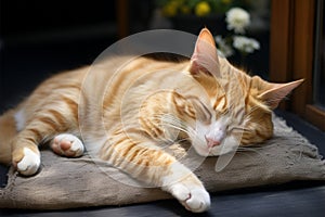 A brown and white cat, peacefully curled up, graces homes worldwide