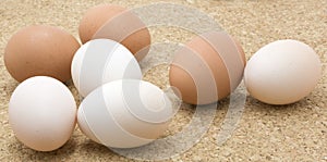Brown and white chicken eggs.