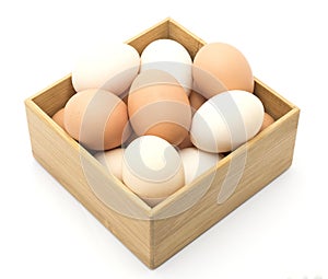 Brown and white chicken eggs in wooden box.