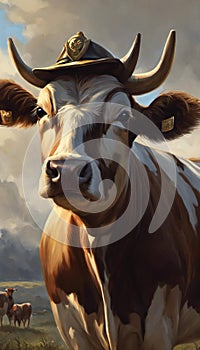 a brown and white cow in the field with a hat on