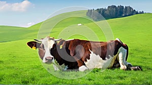 Brown and white cow grazing in a vibrant green field. Serene cow in pastoral setting. Concept of agriculture, dairy