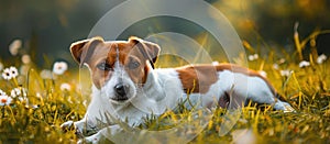 Brown and White Dog Laying in Grass