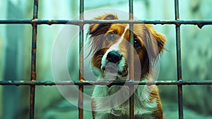 Brown and white dog peers through rusty cage bars with soulful eyes. Soft blurred background emphasizes its hopeful