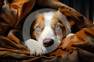 Brown and white dog reclines, cocooned by soft bedspread