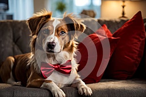 Brown and white dog sitting on couch with red bow tie around its neck. Generative AI