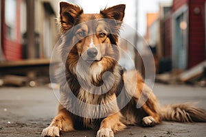 a brown and white dog sitting on the ground