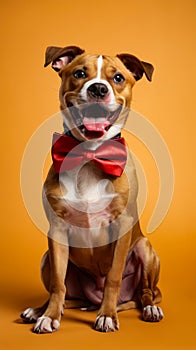 Brown and white dog sitting with red bow tie on its head. Generative AI