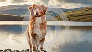 a brown and white dog standing on a rocky beach next to a lake. generative ai