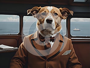 brown and white dog wearing a suit and bow tie, anthropomorphic dog