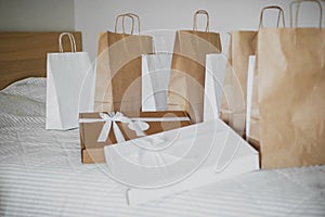 Brown and white Empty Kraft Paper Bags on fabric background. Packaging template mockup