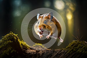 Brown and white hamster jumping in the air over mossy ground. Generative AI