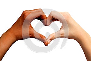 Brown and white hands in heart shape.