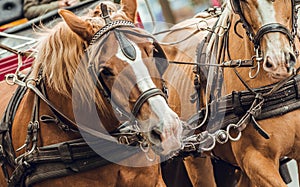 Brown and white horse head pulling cart