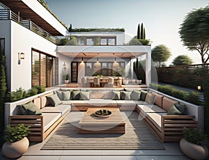 brown and white house terrace design equipped with a table and chairs and a garden