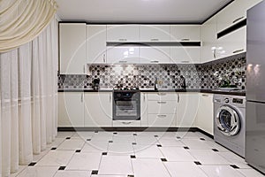 Brown and white modern kitchen interior