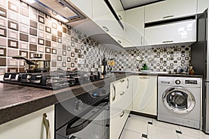 Brown and white modern kitchen interior