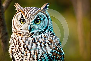 A brown and white owl perched on a branch in a forest.