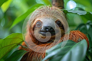 A brown and white sloth hanging from a tree in Costa Rica