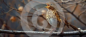 Brown and White Song Thrush Perched on Tree Branch