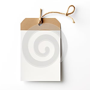 A brown and white tag mock-up hanging from a string.