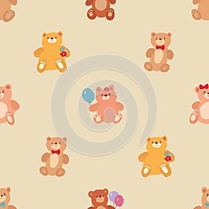 Brown and white teddy bears holding balloons in a seamless pattern