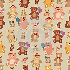 Brown and white teddy bears holding balloons in a seamless pattern