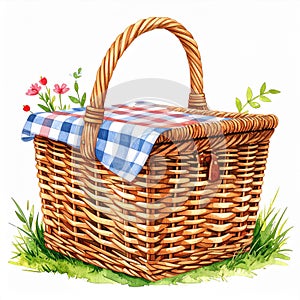 Brown Wicker Picnic Basket with Blue Gingham Cloth