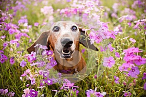 Brown Wiener dog looking up