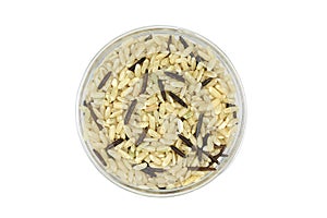 brown and wild rice in a glass bowl