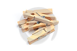 Brown wood clothes peg or clothespin on white background. - Image