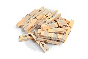 Brown wood clothes peg or clothespin on white background. - Image