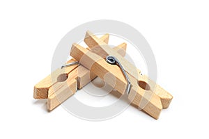 Brown wood clothes peg or clothespin on white background. - Image