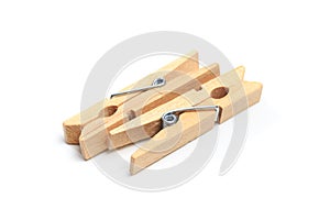 Brown wood clothes peg or clothespin on white background. - Image