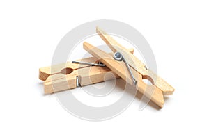 Brown wood clothes peg or clothespin on white background. - Image