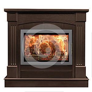 Brown wood fireplace isolated on white background