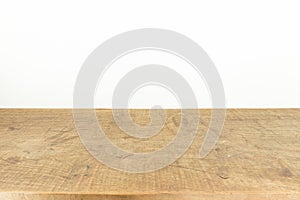Brown wood plank texture background with white wall for product