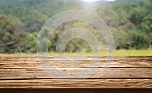 Brown wood table in summer farm green landscape