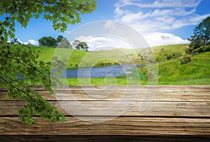 Brown wood table in summer farm green landscape.