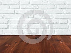 Brown wood table with white brick wall texture background