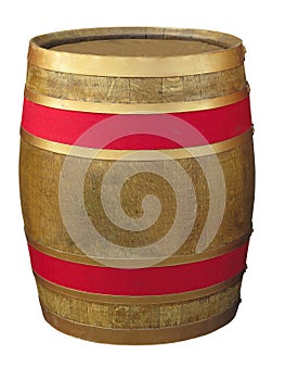 Brown wooden barrel with red line isolated over white