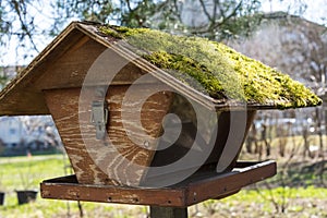 Brown wooden birdhouse with moss covered roof