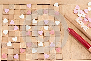 Brown wooden blocks with hearts