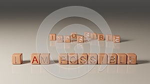 Brown wooden cubes changing from impossible to possible, 3D rendering