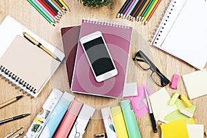 Brown wooden desktop with objects