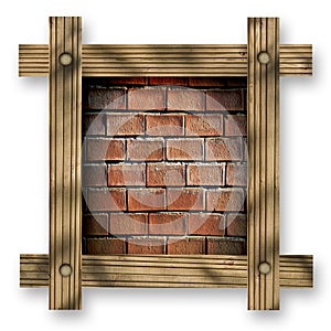 Brown wooden frame against a white background with red brick wall, copy space in the center