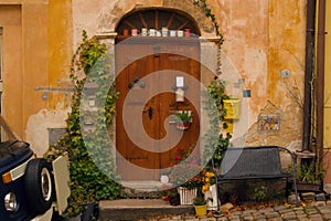 Brown wooden front door, old yellow house facade, ivy , many flowers and porcelain cups.