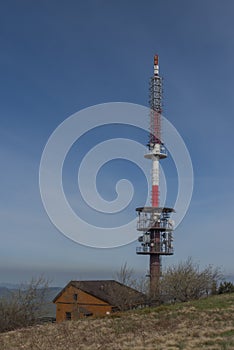 Brown wooden old chapel and transmitter on Radhost hill in Beskydy mountains