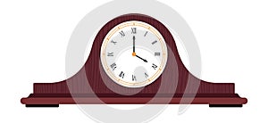 Brown wooden old clock with roman numerals vector illustration.