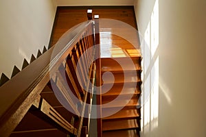 Brown wooden stair interior decorated modern style of residential house,Wooden stairs in the house, looking down